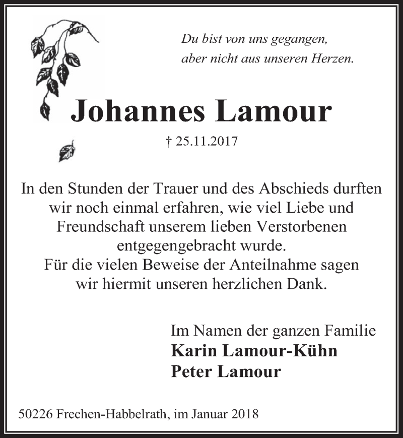  Traueranzeige für Johannes Lamour vom 10.01.2018 aus  Wochenende 