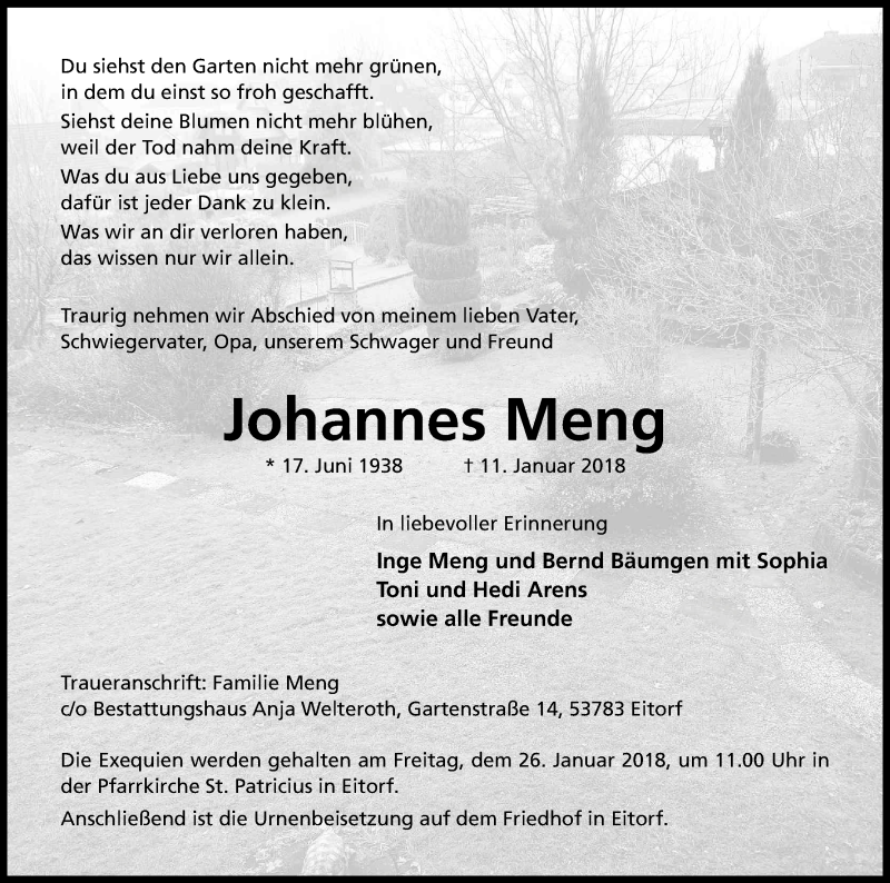  Traueranzeige für Johannes Meng vom 20.01.2018 aus Kölner Stadt-Anzeiger / Kölnische Rundschau / Express