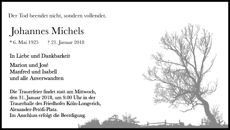  Traueranzeige für Johannes Michels vom 27.01.2018 aus Kölner Stadt-Anzeiger / Kölnische Rundschau / Express