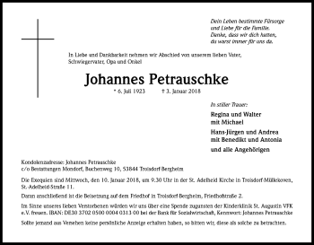 Anzeige von Johannes Petrauschke von Kölner Stadt-Anzeiger / Kölnische Rundschau / Express