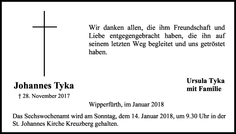  Traueranzeige für Johannes Tyka vom 06.01.2018 aus Kölner Stadt-Anzeiger / Kölnische Rundschau / Express
