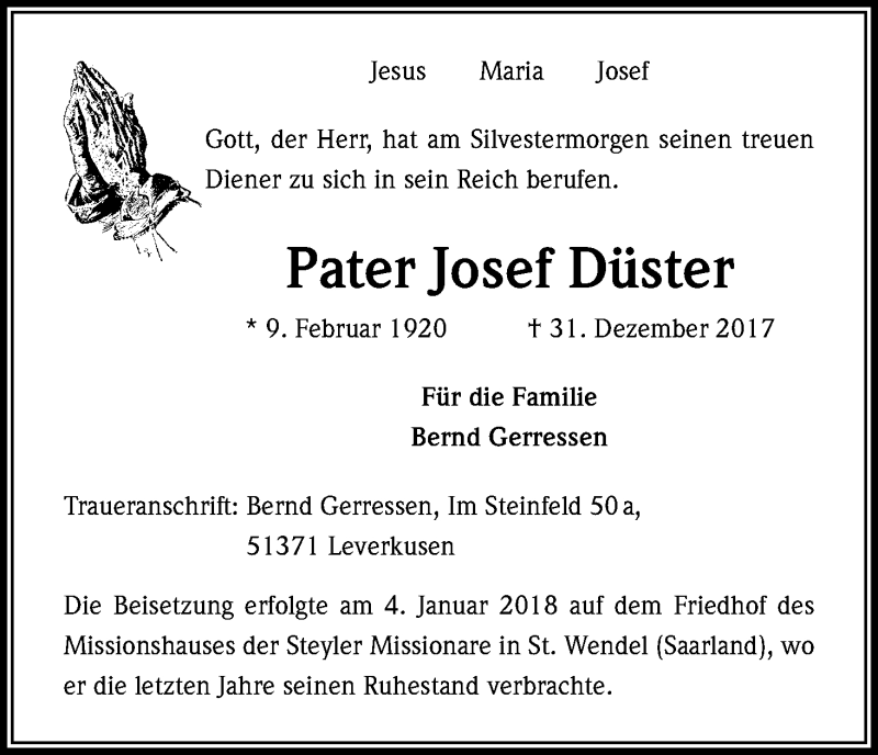  Traueranzeige für Josef Düster vom 06.01.2018 aus Kölner Stadt-Anzeiger / Kölnische Rundschau / Express