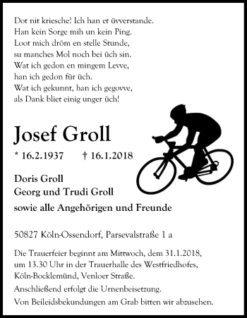Anzeige von Josef Groll von Kölner Stadt-Anzeiger / Kölnische Rundschau / Express