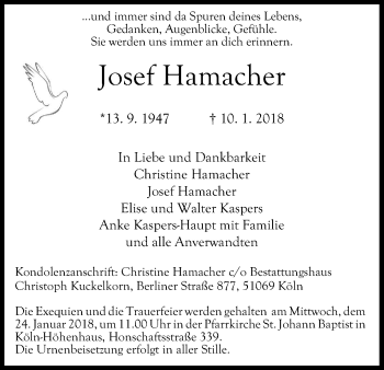 Anzeige von Josef Hamacher von Kölner Stadt-Anzeiger / Kölnische Rundschau / Express