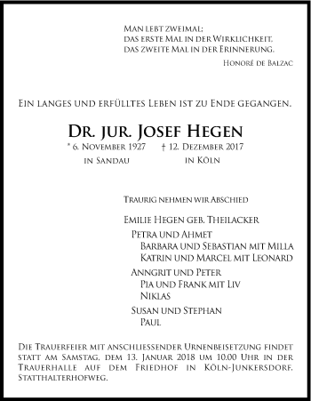 Anzeige von Josef Hegen von Kölner Stadt-Anzeiger / Kölnische Rundschau / Express