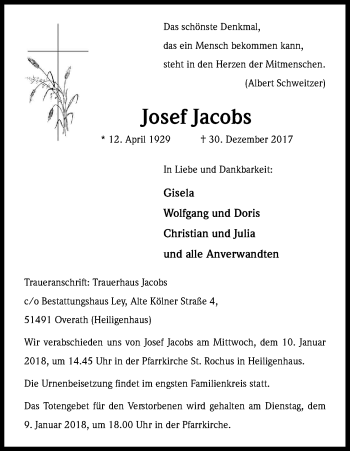 Anzeige von Josef Jacobs von Kölner Stadt-Anzeiger / Kölnische Rundschau / Express