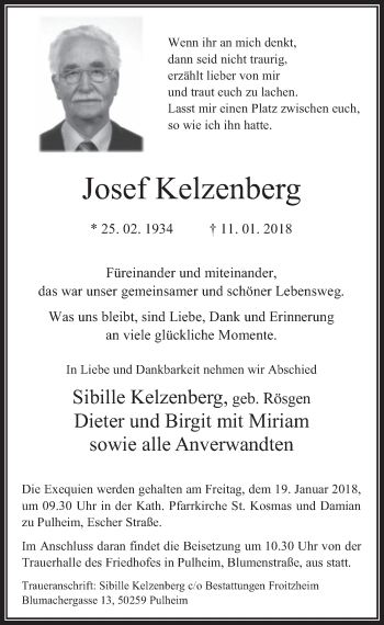 Anzeige von Josef Kelzenberg von  Wochenende 