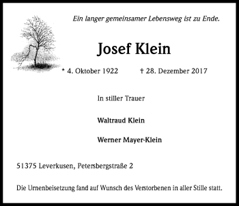 Anzeige von Josef Klein von Kölner Stadt-Anzeiger / Kölnische Rundschau / Express