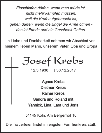 Anzeige von Josef Krebs von  Kölner Wochenspiegel 