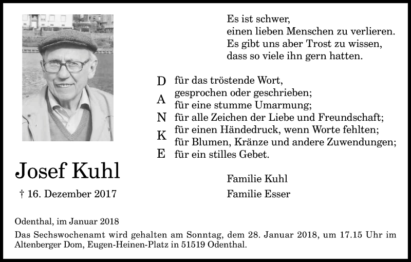  Traueranzeige für Josef Kuhl vom 19.01.2018 aus Kölner Stadt-Anzeiger / Kölnische Rundschau / Express