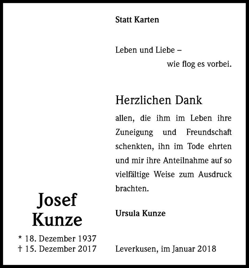  Traueranzeige für Josef Kunze vom 20.01.2018 aus Kölner Stadt-Anzeiger / Kölnische Rundschau / Express
