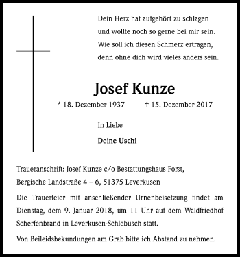 Anzeige von Josef Kunze von Kölner Stadt-Anzeiger / Kölnische Rundschau / Express