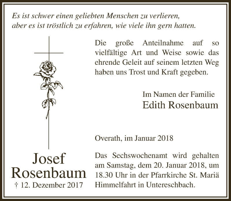  Traueranzeige für Josef Rosenbaum vom 17.01.2018 aus  Bergisches Handelsblatt 