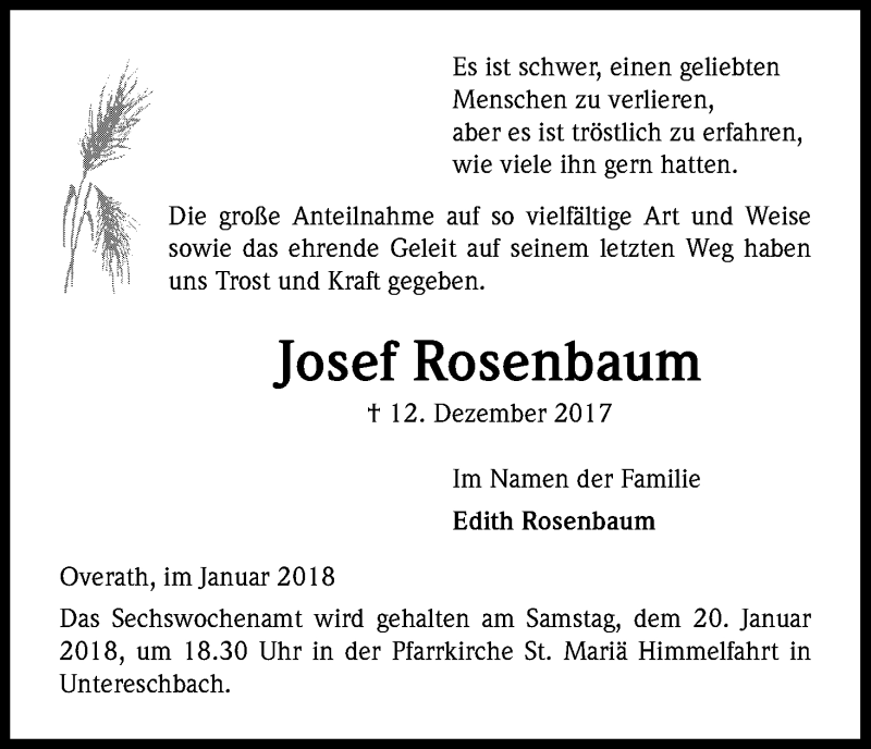  Traueranzeige für Josef Rosenbaum vom 13.01.2018 aus Kölner Stadt-Anzeiger / Kölnische Rundschau / Express