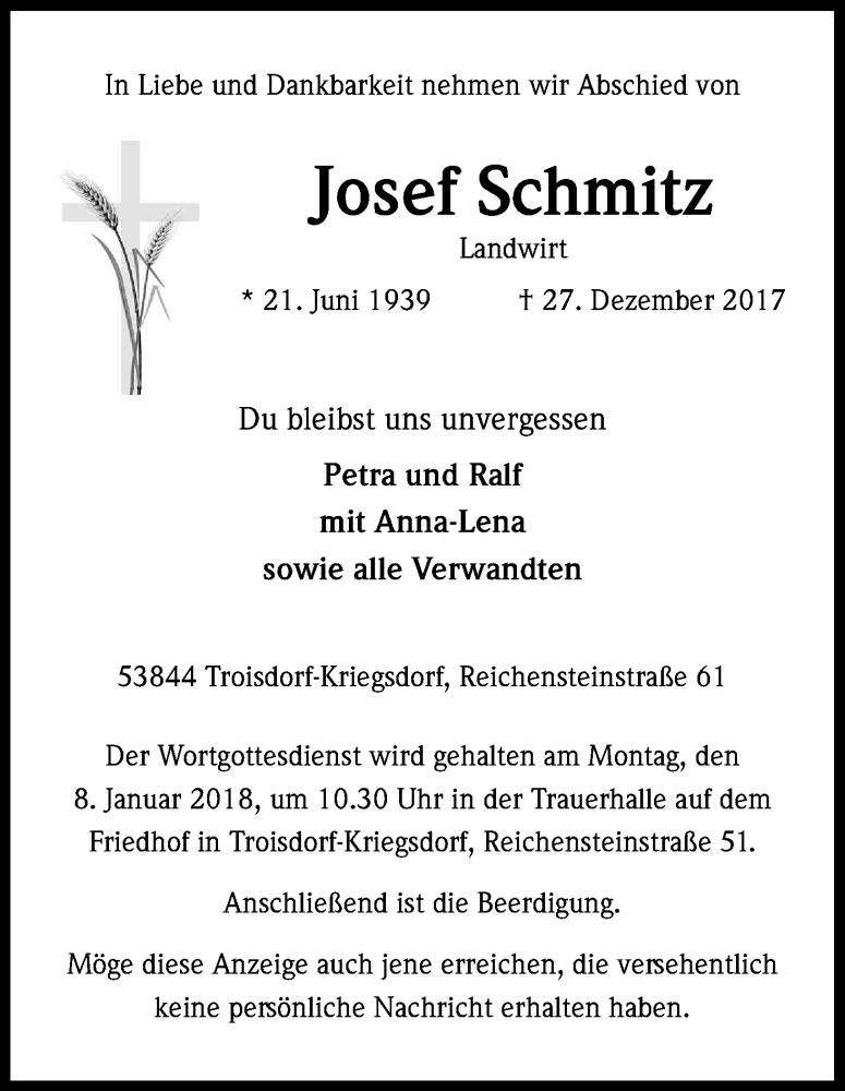  Traueranzeige für Josef Schmitz vom 03.01.2018 aus Kölner Stadt-Anzeiger / Kölnische Rundschau / Express