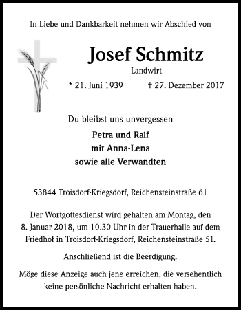 Anzeige von Josef Schmitz von Kölner Stadt-Anzeiger / Kölnische Rundschau / Express