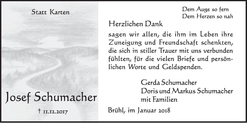  Traueranzeige für Josef Schumacher vom 24.01.2018 aus  Schlossbote/Werbekurier 
