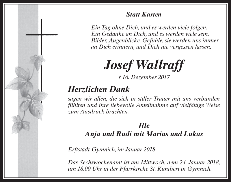  Traueranzeige für Josef Wallraff vom 17.01.2018 aus  Werbepost 