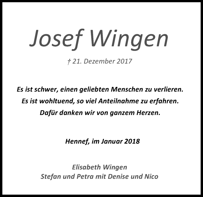  Traueranzeige für Josef Wingen vom 10.01.2018 aus Kölner Stadt-Anzeiger / Kölnische Rundschau / Express