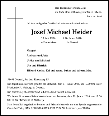Anzeige von Josef Michael Heider von Kölner Stadt-Anzeiger / Kölnische Rundschau / Express