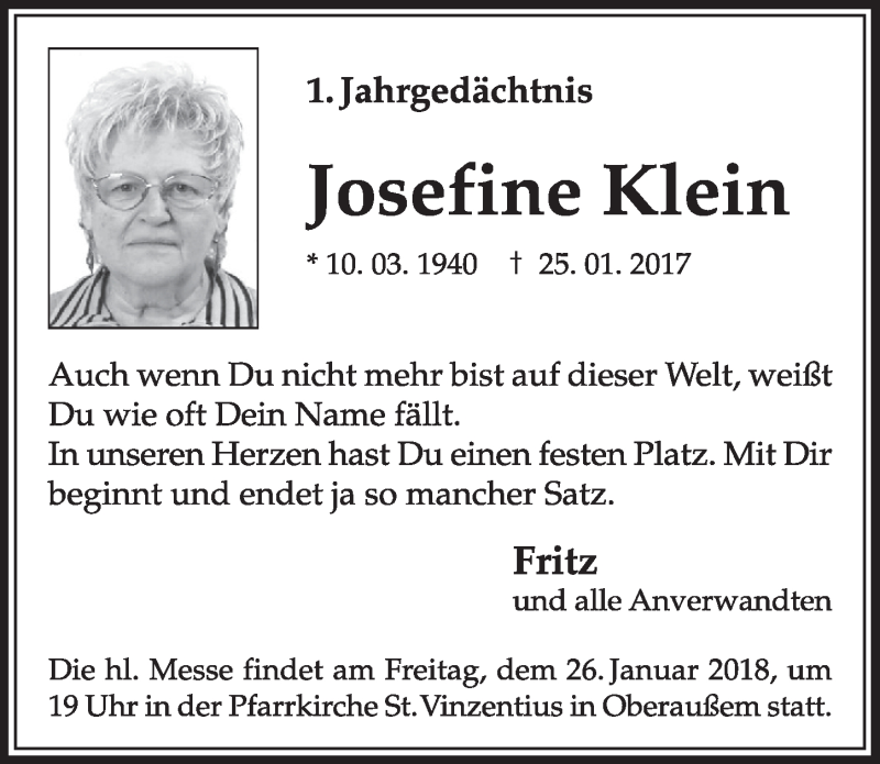  Traueranzeige für Josefine Klein vom 20.01.2018 aus  Sonntags-Post 