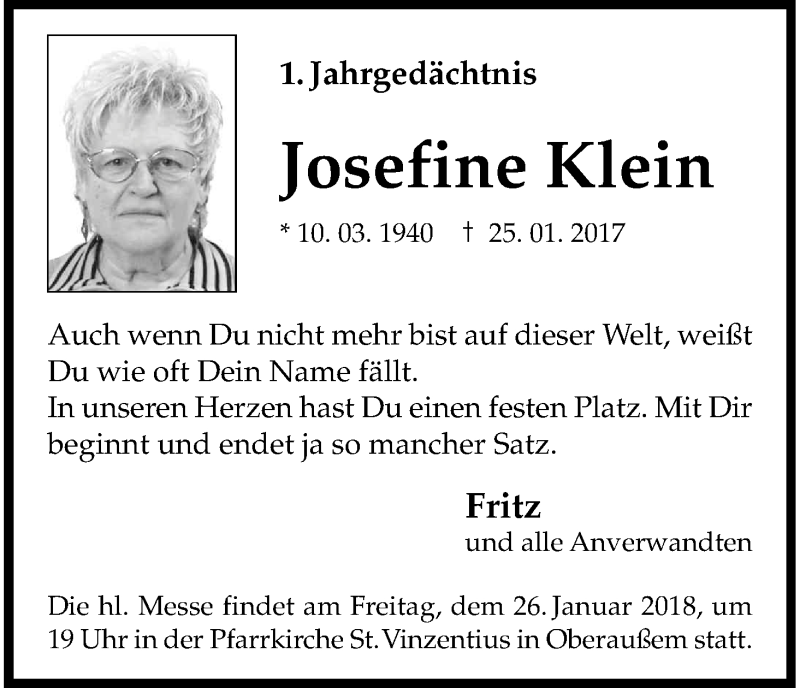  Traueranzeige für Josefine Klein vom 17.01.2018 aus Kölner Stadt-Anzeiger / Kölnische Rundschau / Express