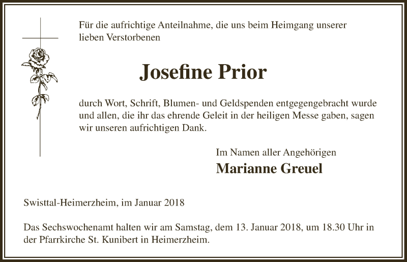  Traueranzeige für Josefine Prior vom 03.01.2018 aus  Schaufenster/Blickpunkt 