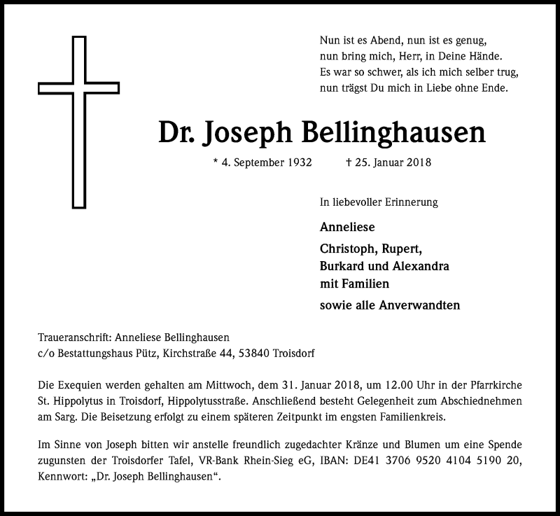  Traueranzeige für Joseph Bellinghausen vom 27.01.2018 aus Kölner Stadt-Anzeiger / Kölnische Rundschau / Express