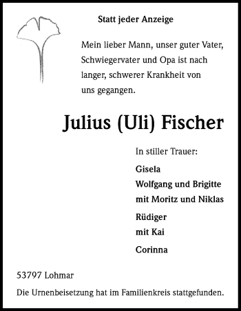 Anzeige von Julius Uli Fischer von Kölner Stadt-Anzeiger / Kölnische Rundschau / Express