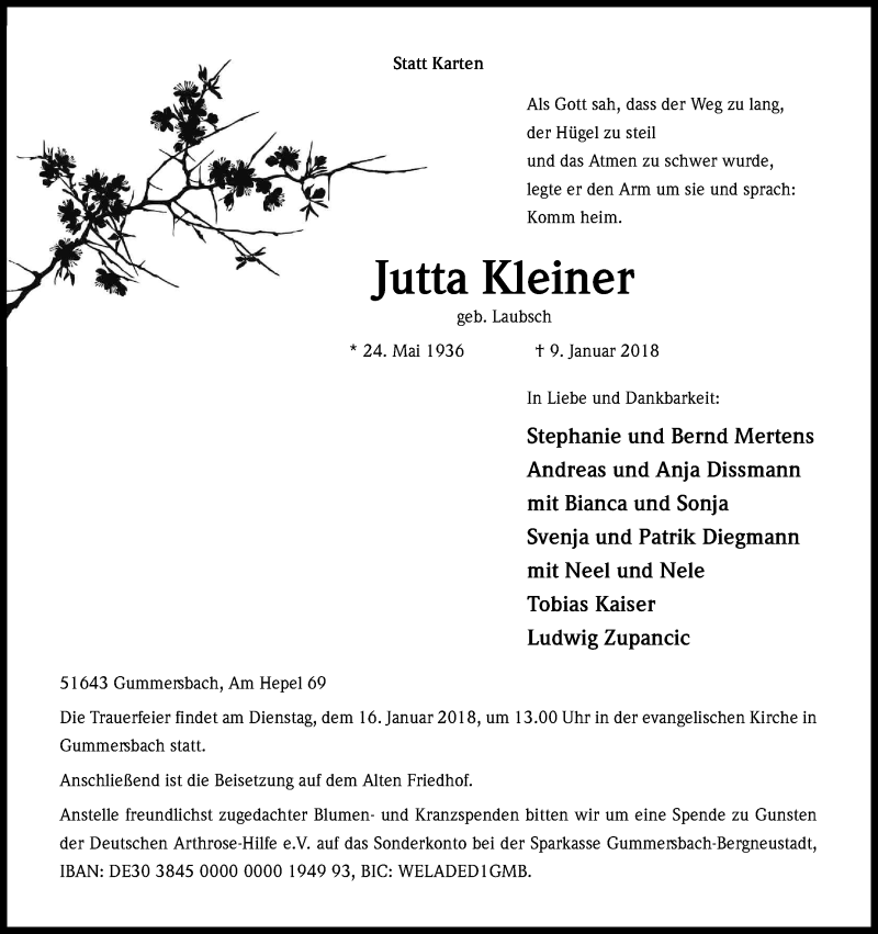  Traueranzeige für Jutta Kleiner vom 11.01.2018 aus Kölner Stadt-Anzeiger / Kölnische Rundschau / Express