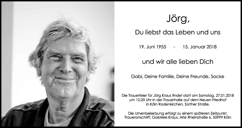  Traueranzeige für Jörg Kraus vom 20.01.2018 aus Kölner Stadt-Anzeiger / Kölnische Rundschau / Express