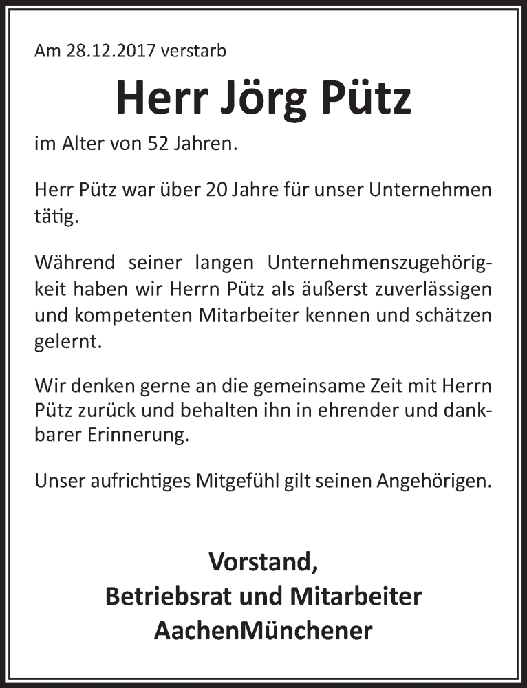  Traueranzeige für Jörg Pütz vom 24.01.2018 aus  Schlossbote/Werbekurier 