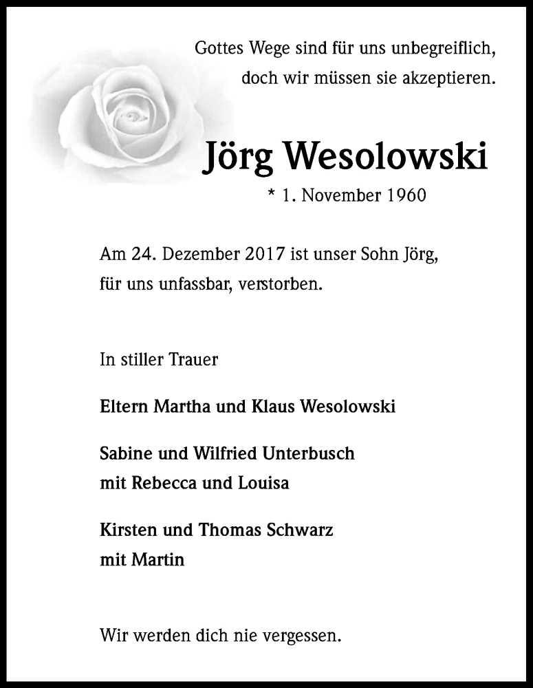  Traueranzeige für Jörg Wesolowski vom 06.01.2018 aus Kölner Stadt-Anzeiger / Kölnische Rundschau / Express