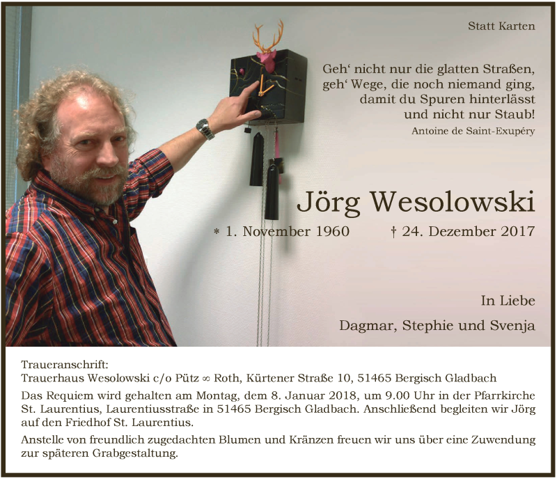  Traueranzeige für Jörg Wesolowski vom 03.01.2018 aus  Bergisches Handelsblatt 