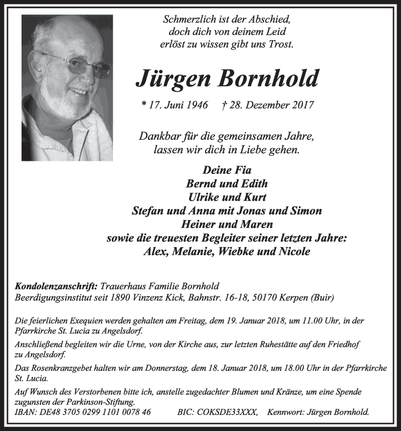  Traueranzeige für Jürgen Bornhold vom 13.01.2018 aus  Sonntags-Post 