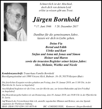 Anzeige von Jürgen Bornhold von Kölner Stadt-Anzeiger / Kölnische Rundschau / Express