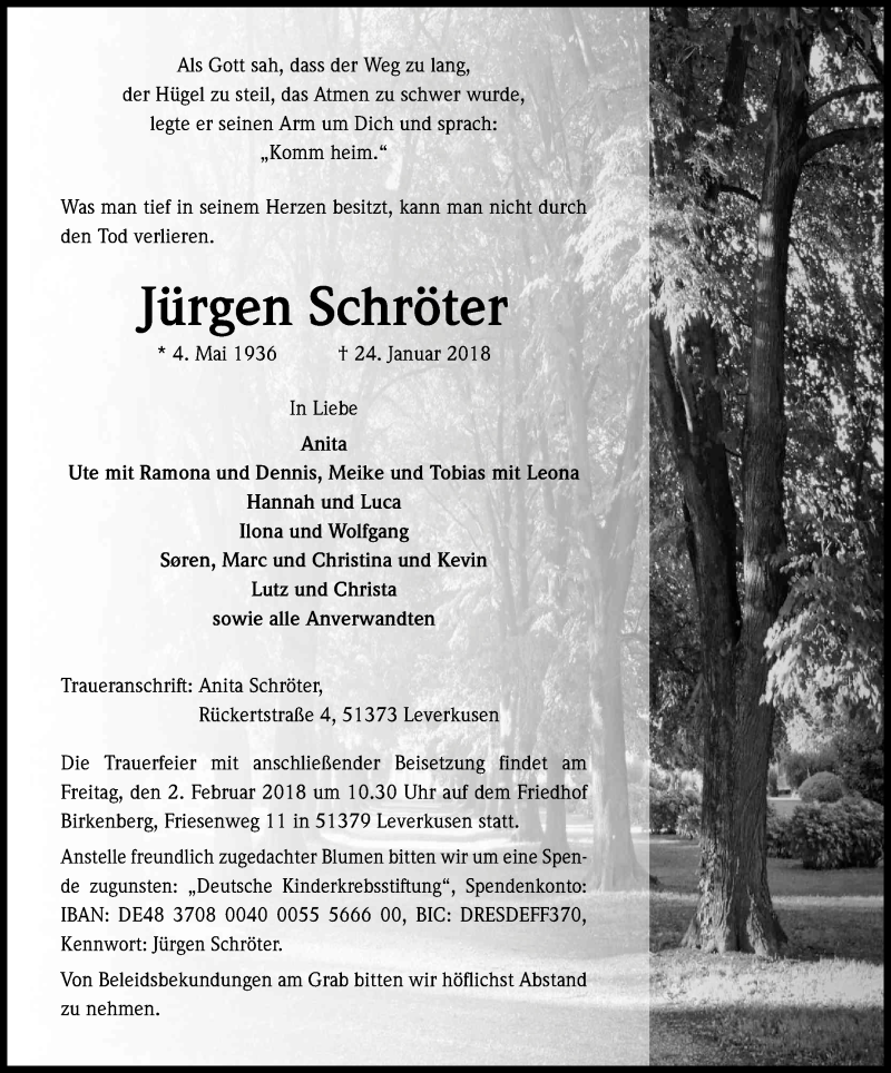  Traueranzeige für Jürgen Schröter vom 30.01.2018 aus Kölner Stadt-Anzeiger / Kölnische Rundschau / Express