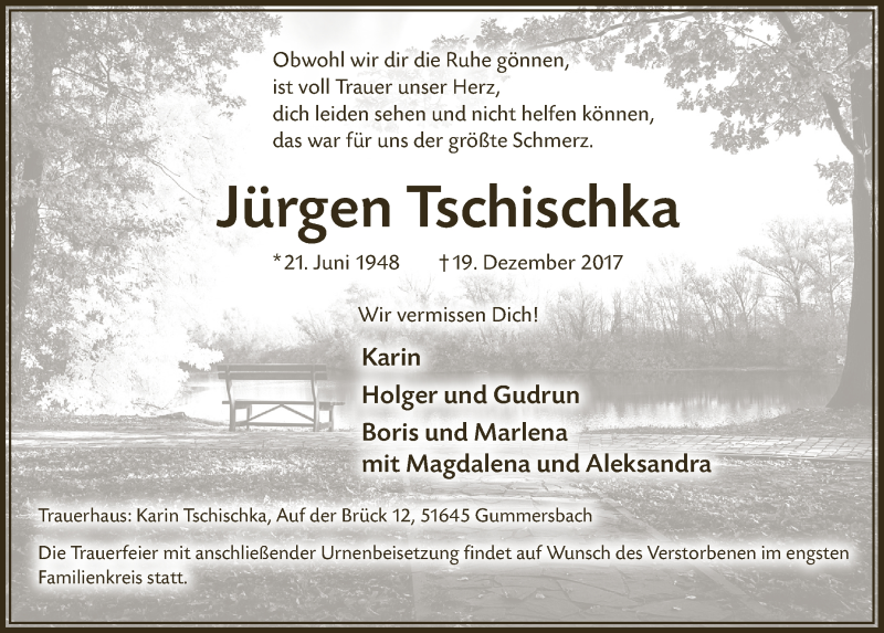  Traueranzeige für Jürgen Tschischka vom 03.01.2018 aus  Anzeigen Echo 