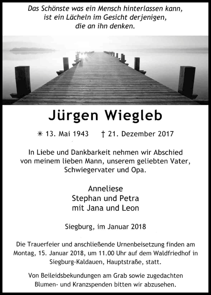  Traueranzeige für Jürgen Wiegleb vom 10.01.2018 aus Kölner Stadt-Anzeiger / Kölnische Rundschau / Express