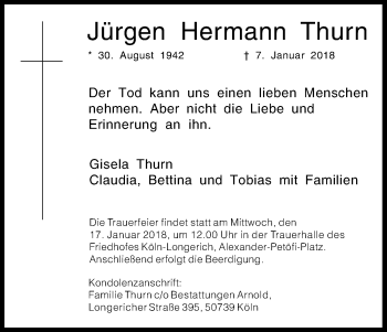 Anzeige von Jürgen Hermann Thurn von Kölner Stadt-Anzeiger / Kölnische Rundschau / Express