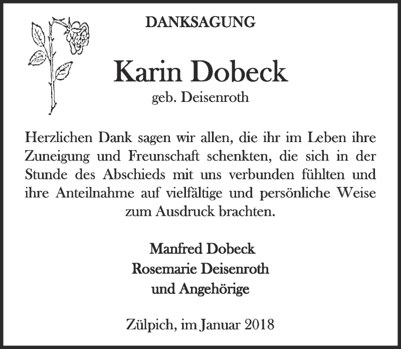  Traueranzeige für Karin Dobeck vom 20.01.2018 aus  Blickpunkt Euskirchen 