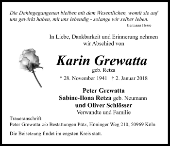 Anzeige von Karin Grewatta von Kölner Stadt-Anzeiger / Kölnische Rundschau / Express