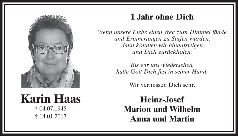  Traueranzeige für Karin Haas vom 27.01.2018 aus  Sonntags-Post 