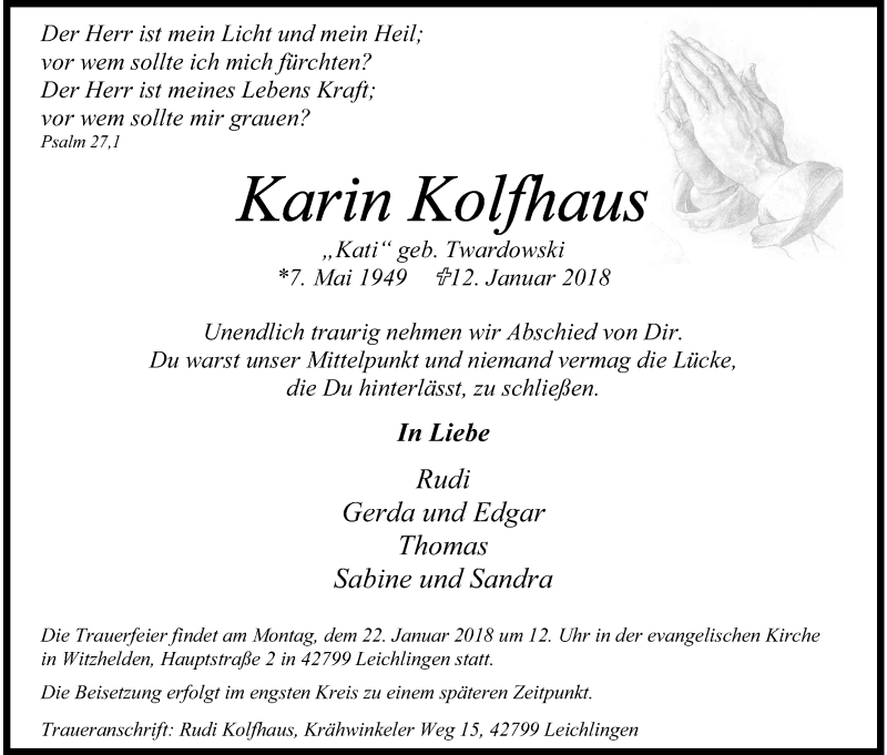  Traueranzeige für Karin Kolfhaus vom 17.01.2018 aus Kölner Stadt-Anzeiger / Kölnische Rundschau / Express
