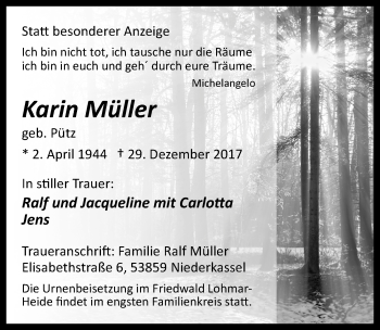 Anzeige von Karin Müller von  Kölner Wochenspiegel 