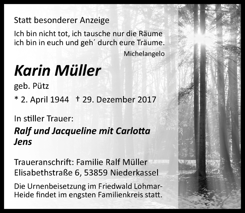  Traueranzeige für Karin Müller vom 10.01.2018 aus  Kölner Wochenspiegel 