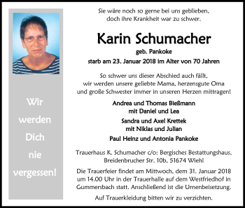 Anzeige von Karin Schumacher von Kölner Stadt-Anzeiger / Kölnische Rundschau / Express