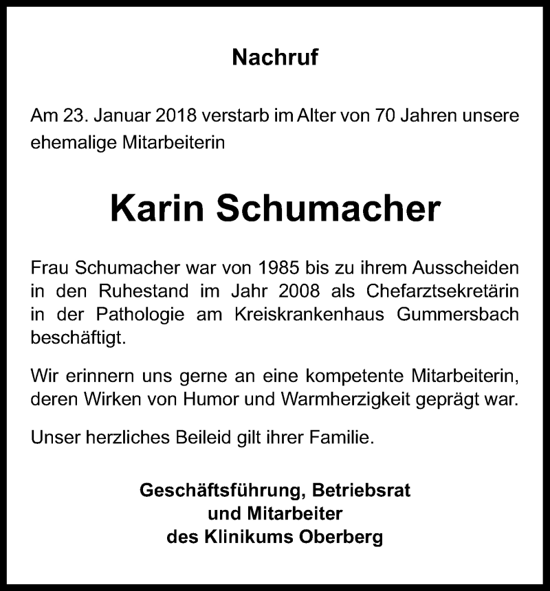  Traueranzeige für Karin Schumacher vom 31.01.2018 aus Kölner Stadt-Anzeiger / Kölnische Rundschau / Express