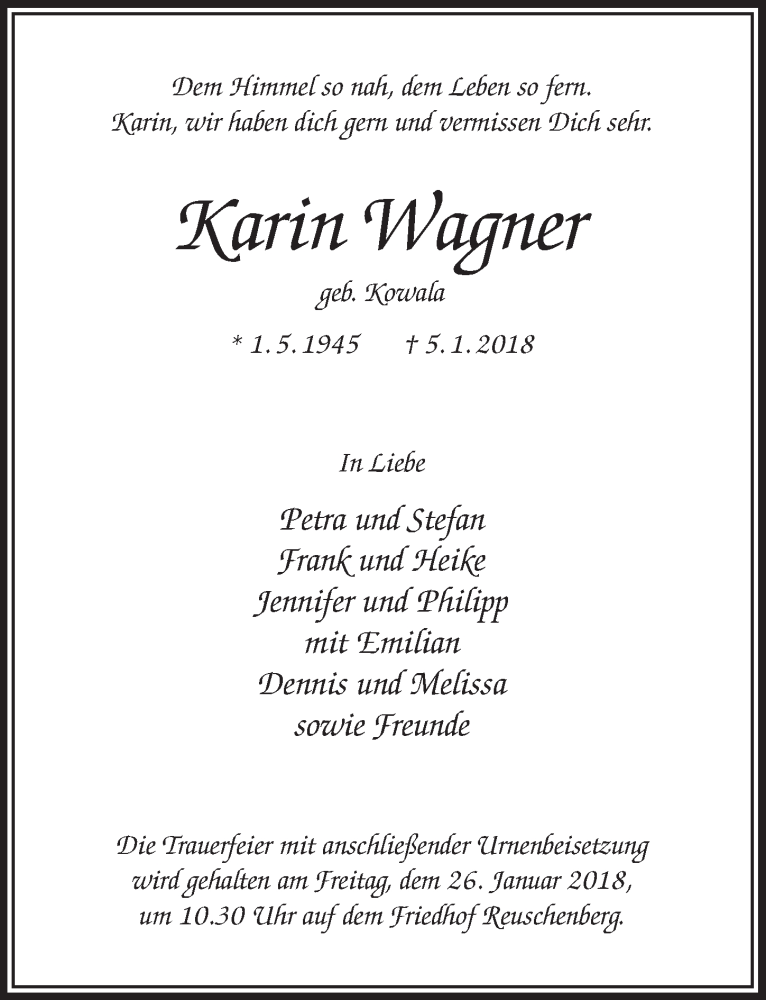  Traueranzeige für Karin Wagner vom 24.01.2018 aus  Lokale Informationen 