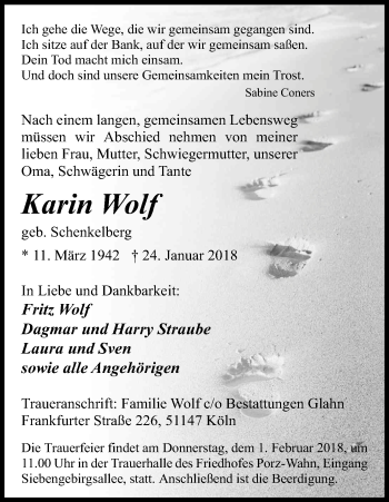 Anzeige von Karin Wolf von Kölner Stadt-Anzeiger / Kölnische Rundschau / Express